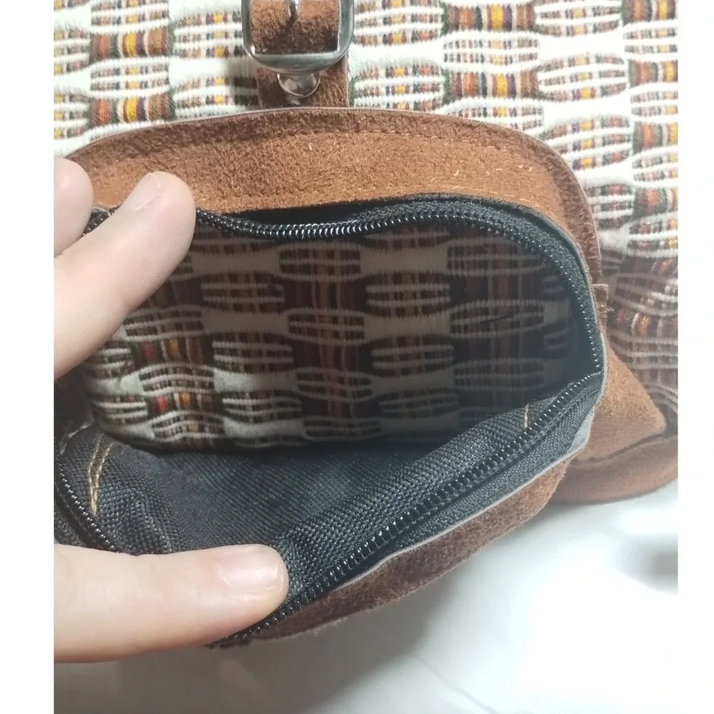 Bohemian Woven Mini Backpack Faux Suede Trim Brown Cream Geometric Boho Bag